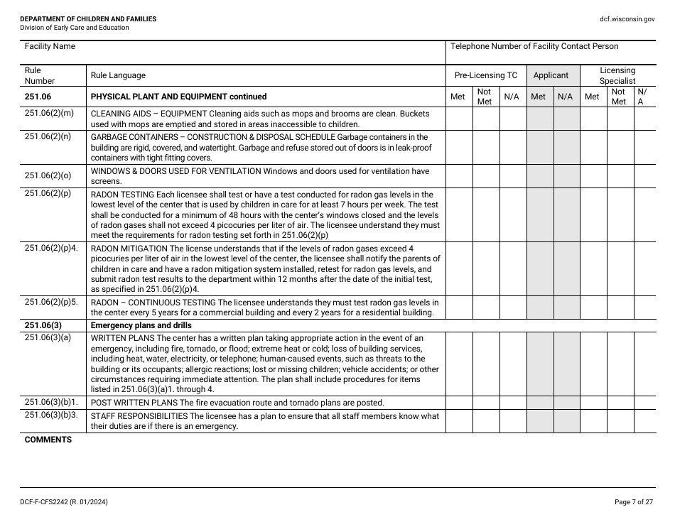 Form DCF-F-CFS2242 Initial Licensing Checklist - Group Child Care Centers - Wisconsin, Page 7