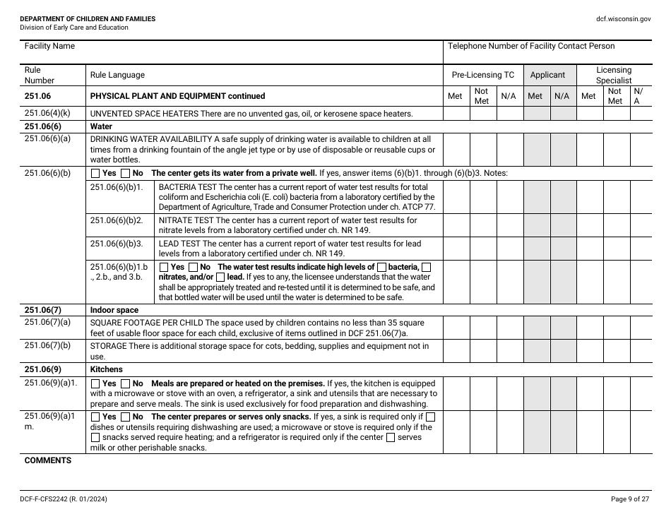 Form DCF-F-CFS2242 Initial Licensing Checklist - Group Child Care Centers - Wisconsin, Page 9