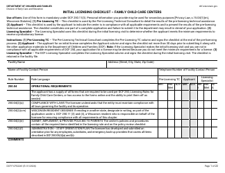 Document preview: Form DCF-F-CFS2241 Initial Licensing Checklist - Family Child Care Centers - Wisconsin