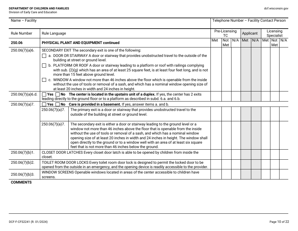 Form DCF-F-CFS2241 Initial Licensing Checklist - Family Child Care Centers - Wisconsin, Page 10