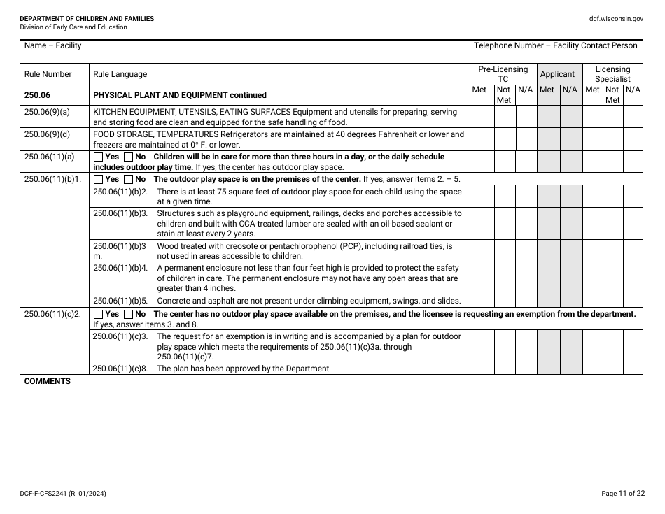 Form DCF-F-CFS2241 Initial Licensing Checklist - Family Child Care Centers - Wisconsin, Page 11