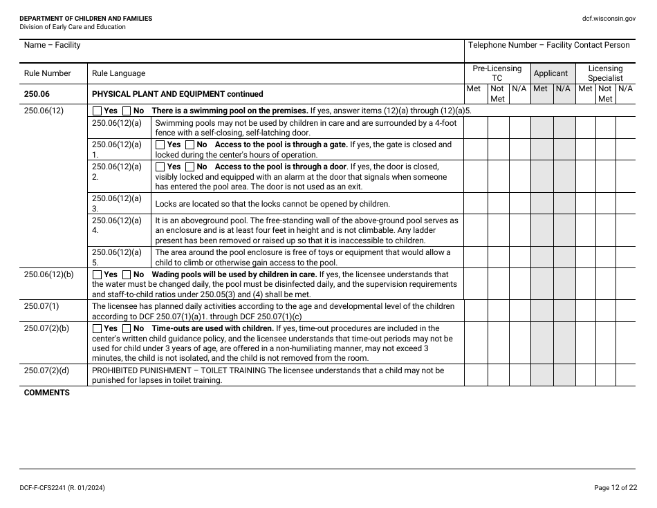 Form DCF-F-CFS2241 Initial Licensing Checklist - Family Child Care Centers - Wisconsin, Page 12