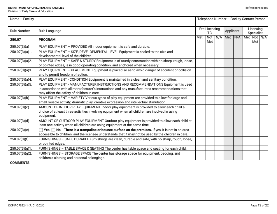 Form DCF-F-CFS2241 Initial Licensing Checklist - Family Child Care Centers - Wisconsin, Page 13