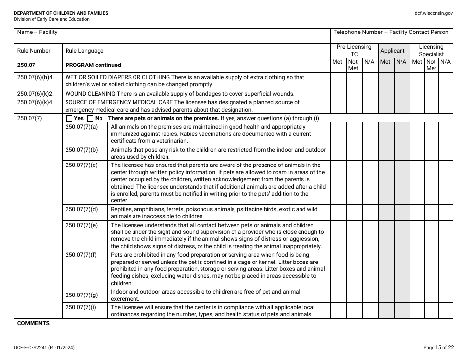 Form DCF-F-CFS2241 Initial Licensing Checklist - Family Child Care Centers - Wisconsin, Page 15