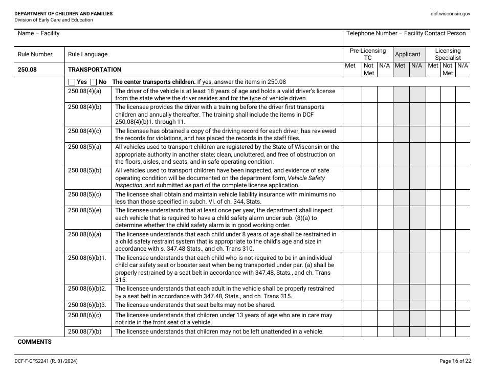 Form DCF-F-CFS2241 Initial Licensing Checklist - Family Child Care Centers - Wisconsin, Page 16