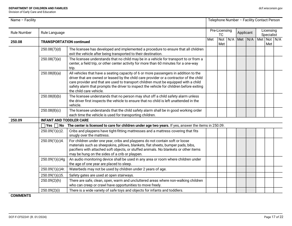 Form DCF-F-CFS2241 Initial Licensing Checklist - Family Child Care Centers - Wisconsin, Page 17