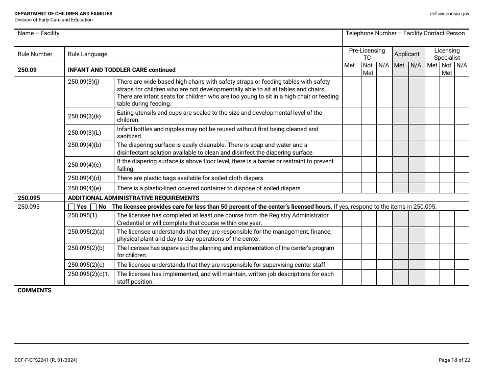 Form DCF-F-CFS2241 Initial Licensing Checklist - Family Child Care Centers - Wisconsin, Page 18