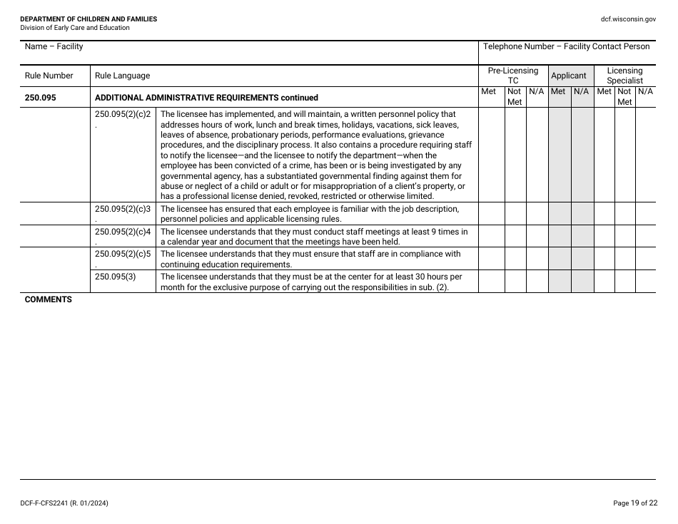 Form DCF-F-CFS2241 Initial Licensing Checklist - Family Child Care Centers - Wisconsin, Page 19