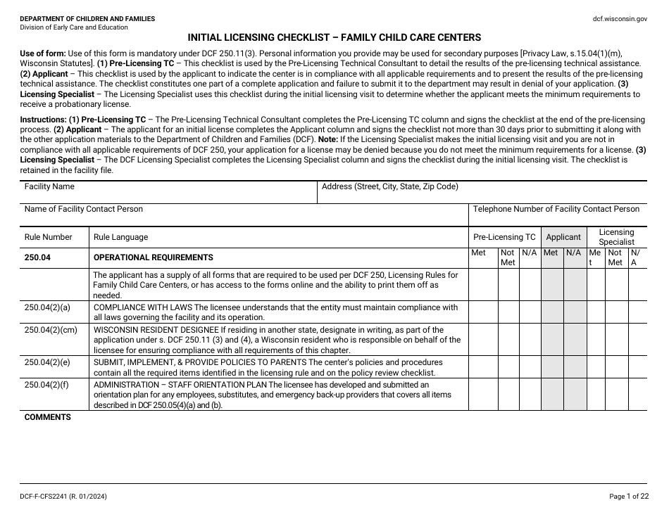 Form DCF-F-CFS2241 Initial Licensing Checklist - Family Child Care Centers - Wisconsin, Page 1