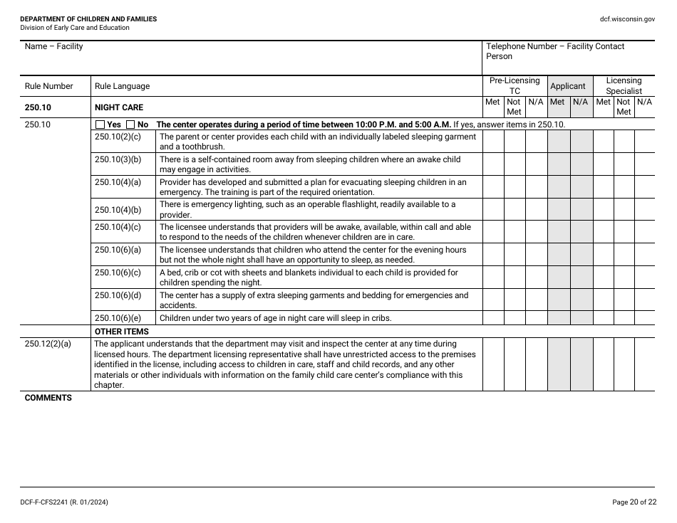 Form DCF-F-CFS2241 Initial Licensing Checklist - Family Child Care Centers - Wisconsin, Page 20