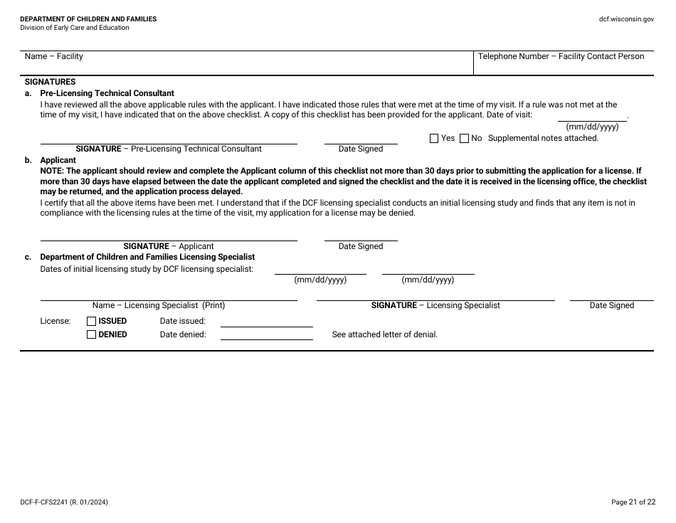 Form DCF-F-CFS2241 Initial Licensing Checklist - Family Child Care Centers - Wisconsin, Page 21