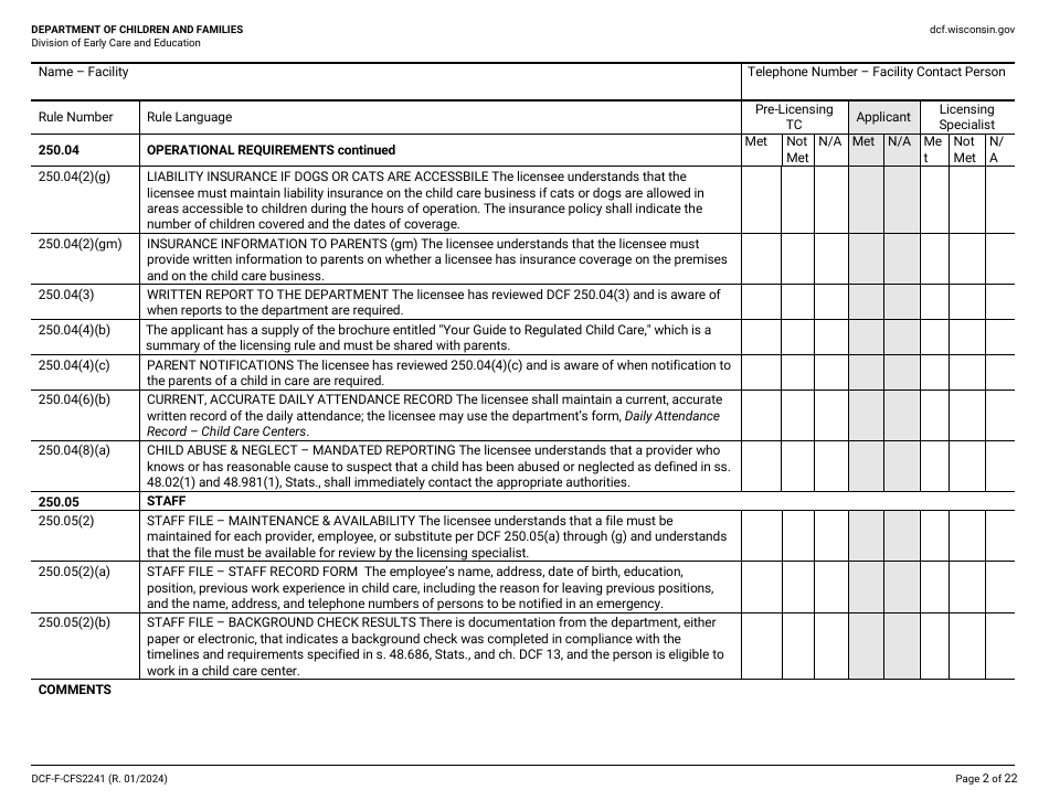 Form DCF-F-CFS2241 Initial Licensing Checklist - Family Child Care Centers - Wisconsin, Page 2