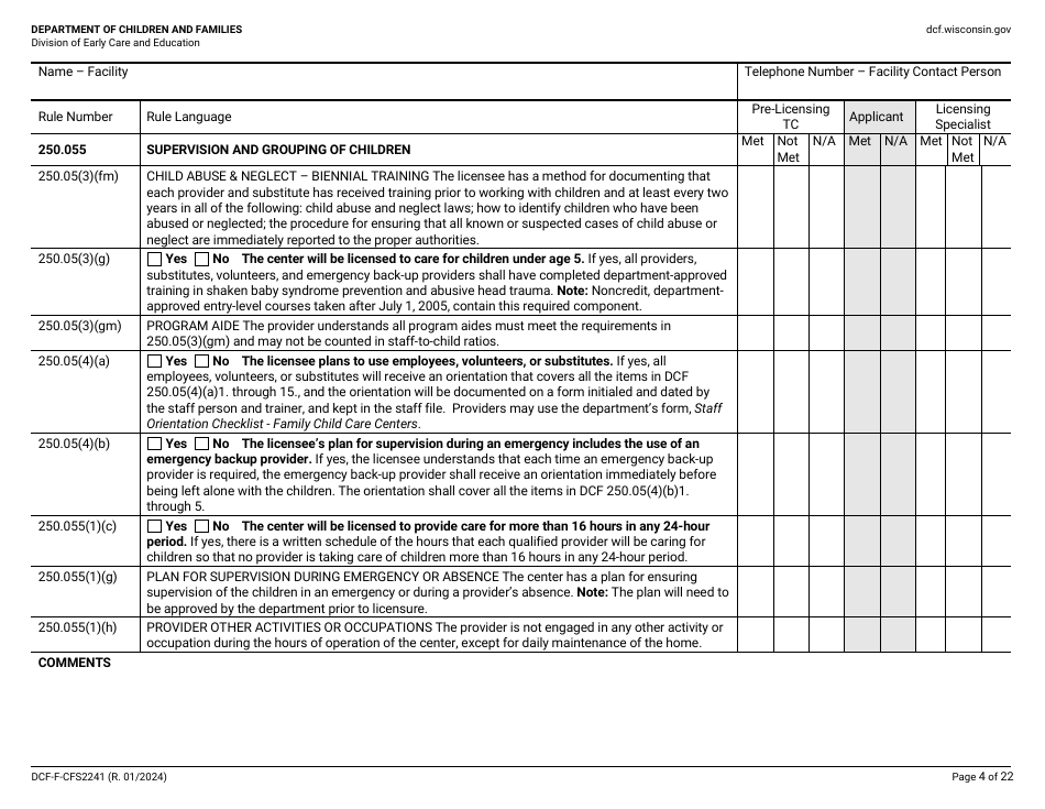 Form DCF-F-CFS2241 Initial Licensing Checklist - Family Child Care Centers - Wisconsin, Page 4