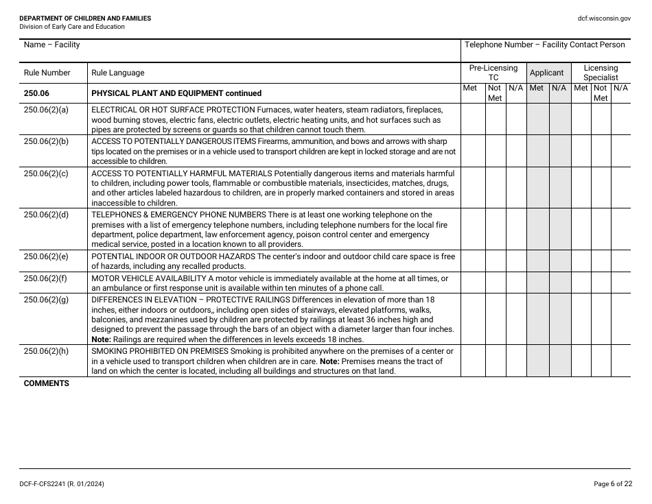 Form DCF-F-CFS2241 Initial Licensing Checklist - Family Child Care Centers - Wisconsin, Page 6