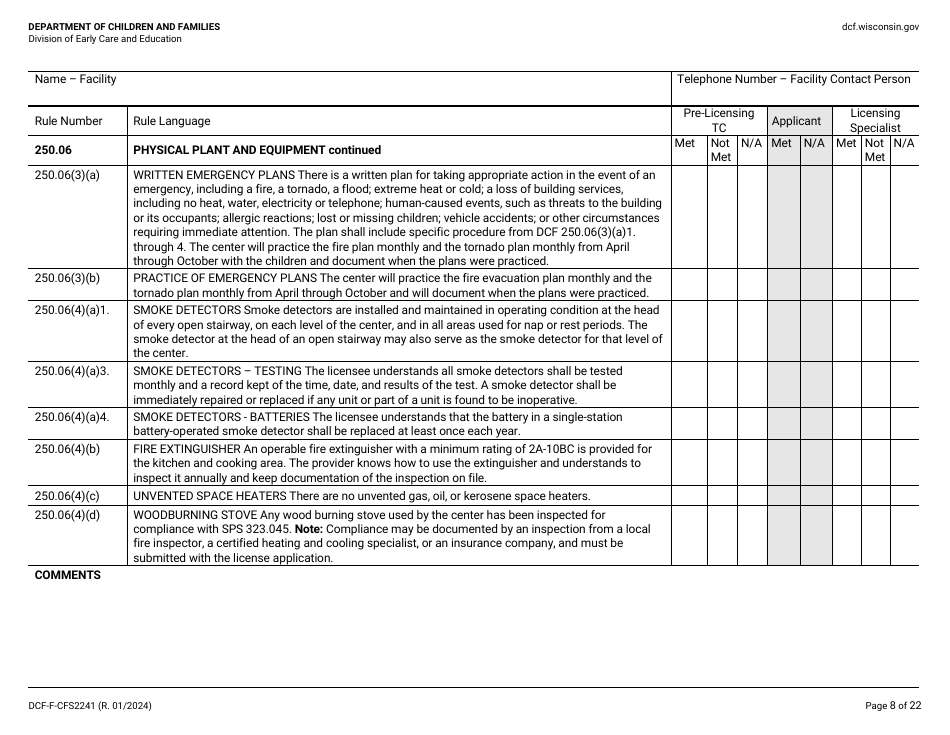 Form DCF-F-CFS2241 Initial Licensing Checklist - Family Child Care Centers - Wisconsin, Page 8