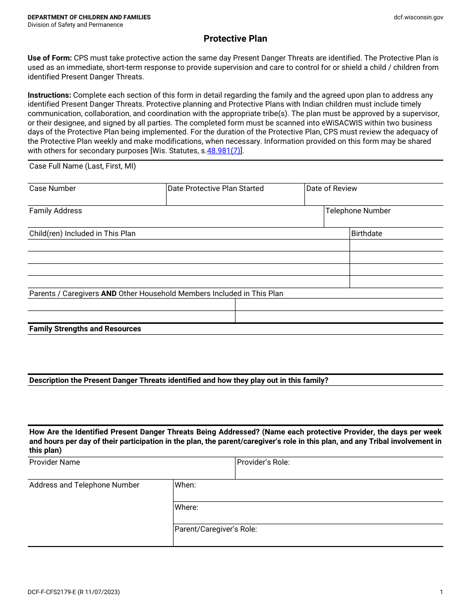 Form DCF-F-CFS2179-E Protective Plan - Wisconsin, Page 1