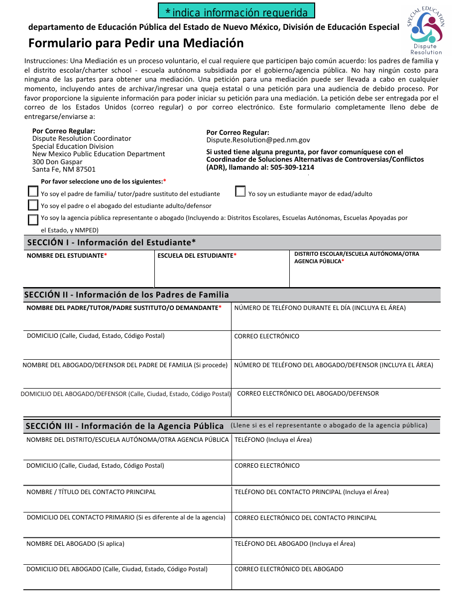 Formulario Para Pedir Una Mediacion - New Mexico (Spanish), Page 1