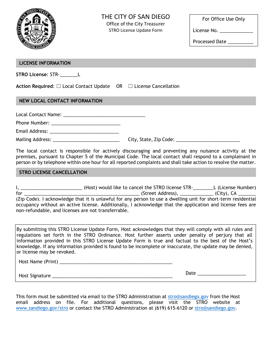 Stro License Update Form - City of San Diego, California, Page 1