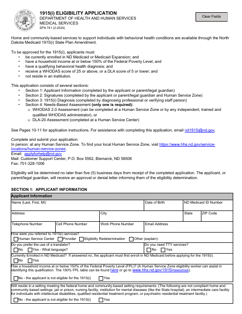Form SFN741 1915(I) Eligibility Application - North Dakota