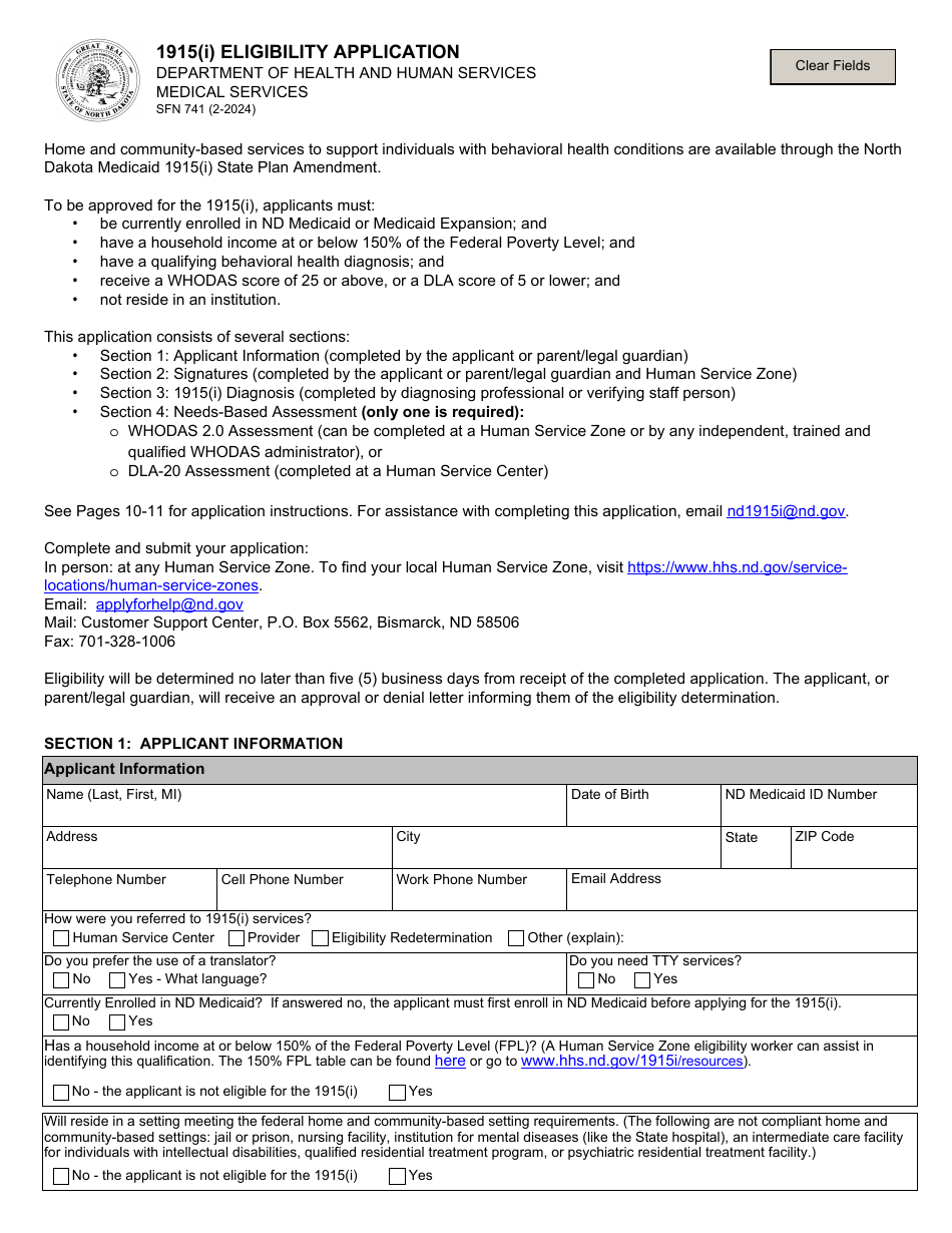 Form SFN741 1915(I) Eligibility Application - North Dakota, Page 1