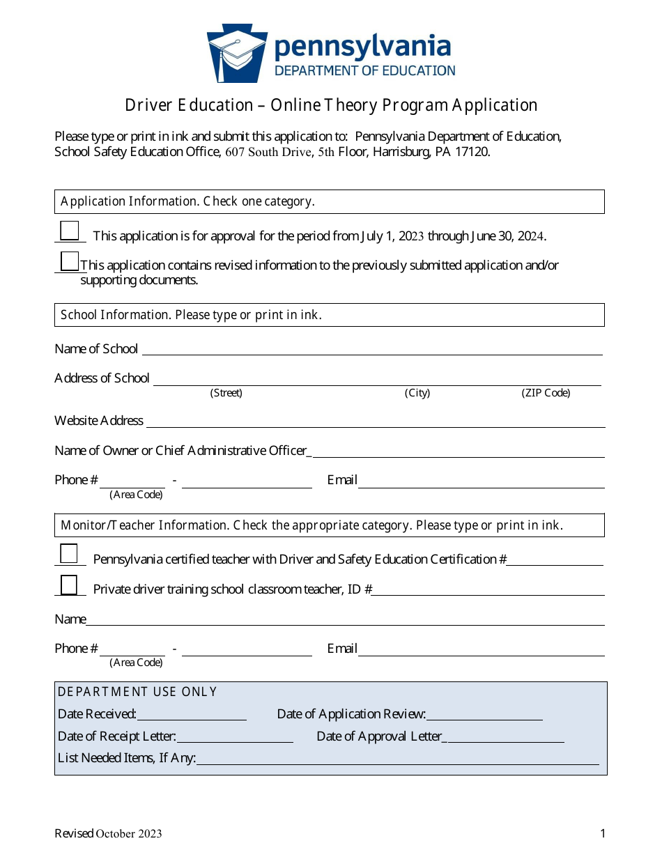 Driver Education - Online Theory Program Application - Pennsylvania, Page 1