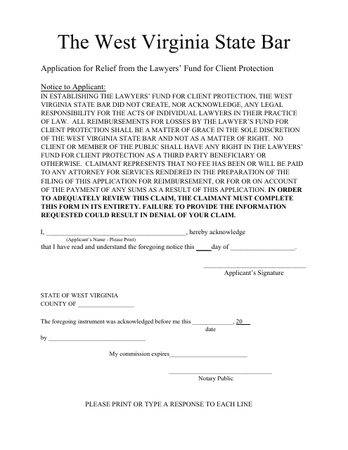 Application for Relief From the Lawyers' Fund for Client Protection - West Virginia