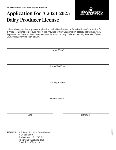 Application for a Dairy Producer License - New Brunswick, Canada Download Pdf