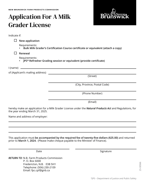Application for a Milk Grader License - New Brunswick, Canada Download Pdf