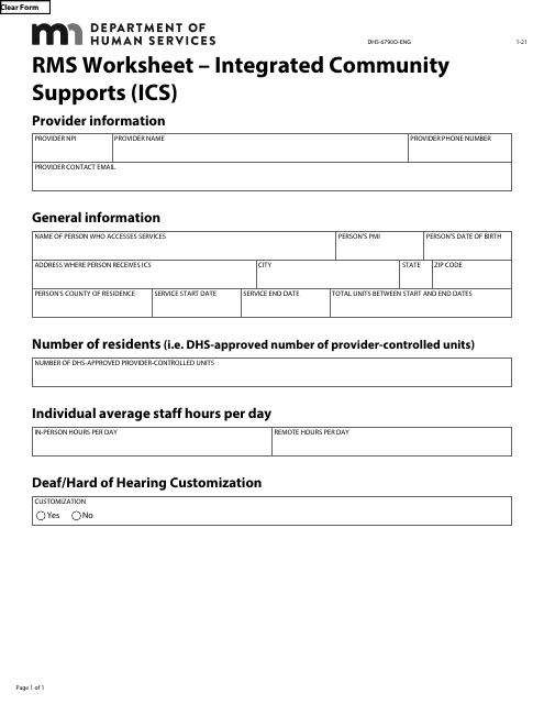 Form DHS-6790O-ENG Rms Worksheet - Integrated Community Supports (ICS) - Minnesota