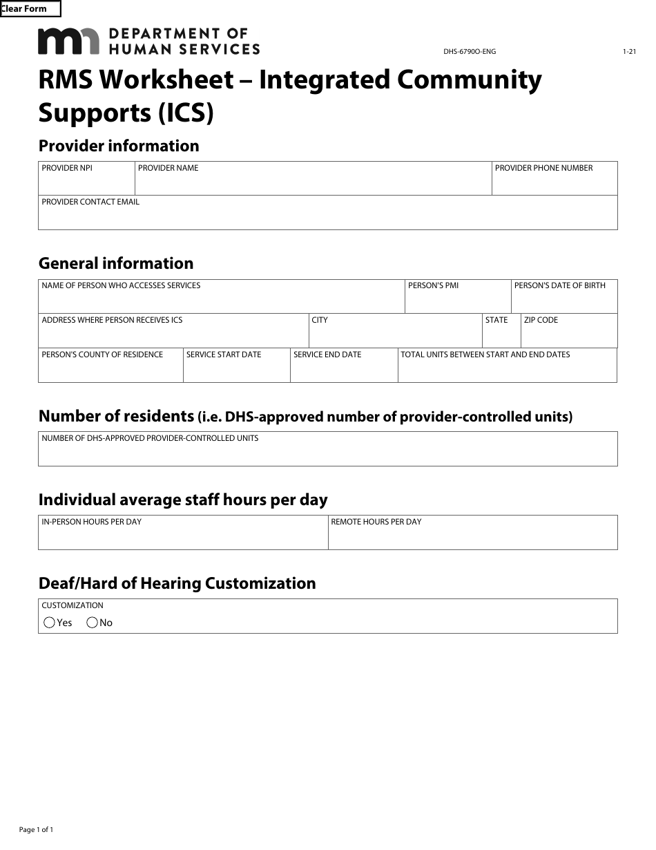 Form DHS-6790O-ENG Rms Worksheet - Integrated Community Supports (ICS) - Minnesota, Page 1