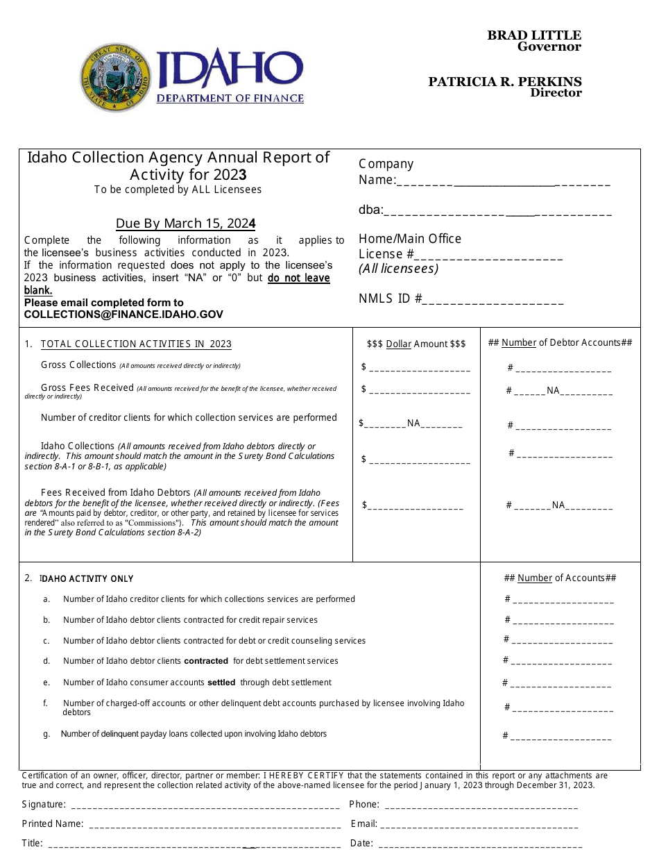 Collection Agency Licensee Annual Reporting Package - Idaho, Page 1