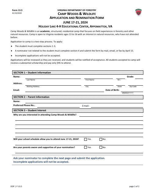 Form 13.5 Camp Woods & Wildlife Application and Nomination Form - Virginia, 2024