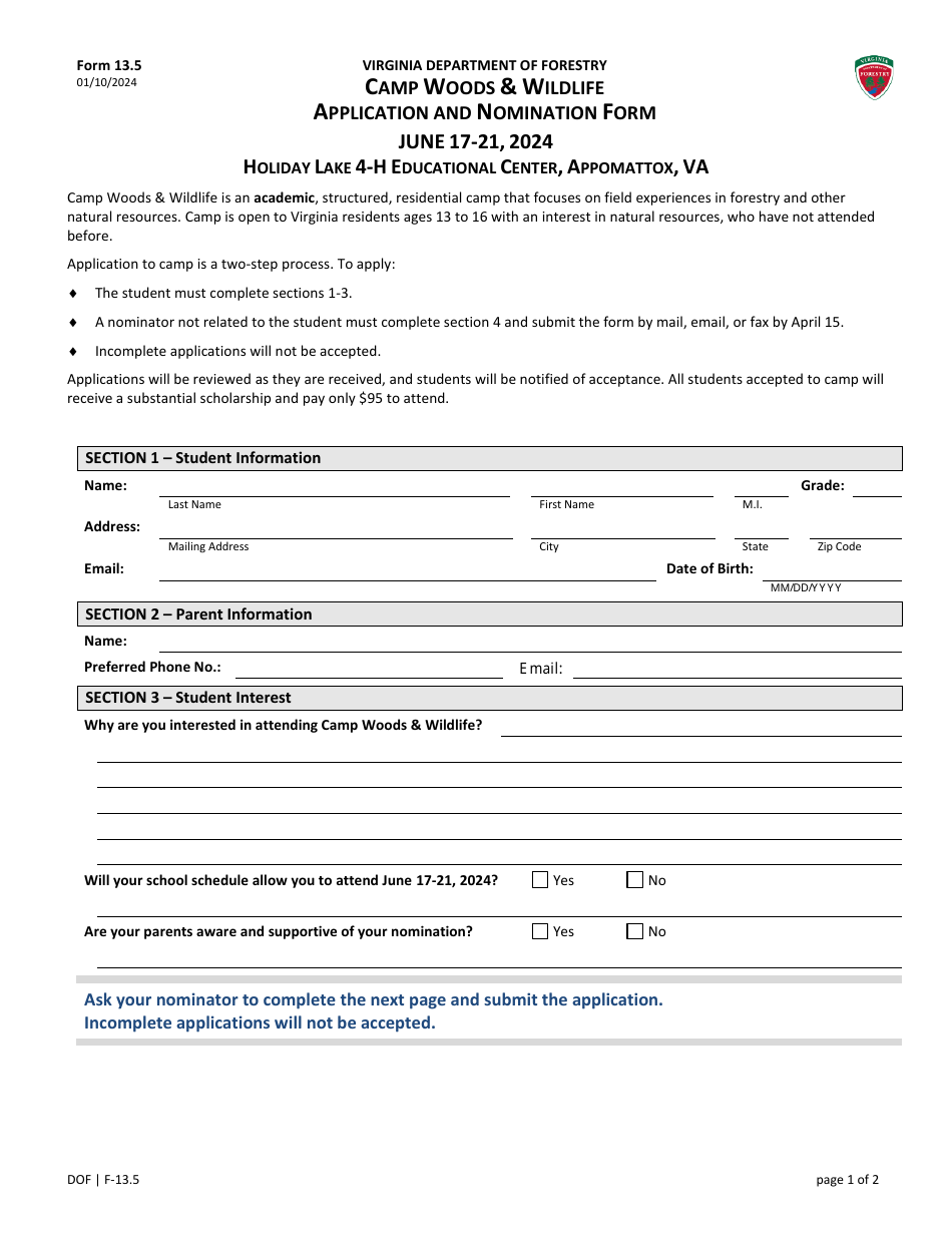 Form 13.5 Camp Woods  Wildlife Application and Nomination Form - Virginia, Page 1