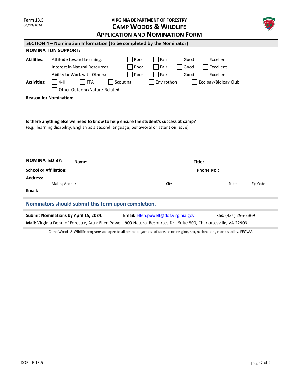 Form 13.5 Camp Woods  Wildlife Application and Nomination Form - Virginia, Page 2
