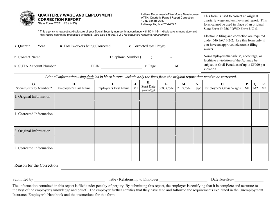 State Form 52671 Download Fillable PDF or Fill Online Quarterly Wage ...