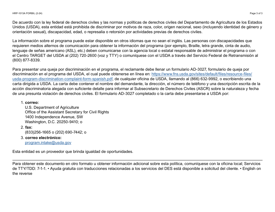 Form HRP-1013A Household Distribution Site Sign-In Sheet - the Emergency Food Assistance Program (Tefap) - Arizona (English / Spanish), Page 3