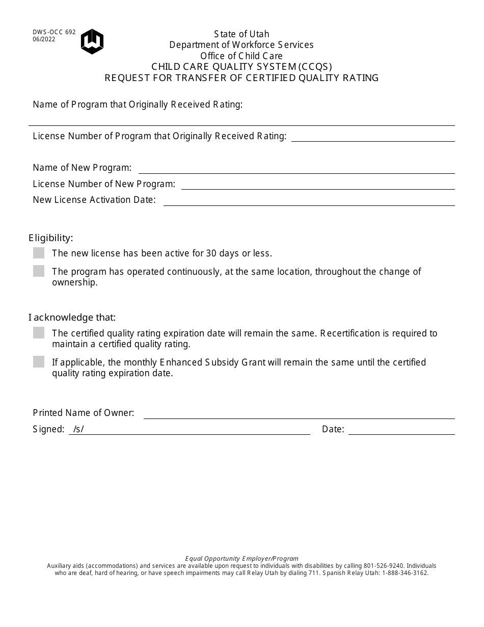 Form DWS-OCC692 - Fill Out, Sign Online and Download Fillable PDF, Utah