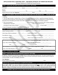 Document preview: Form DCH-0569-AOP Application for a Certified Copy - Michigan Affidavit of Parentage Record - Michigan