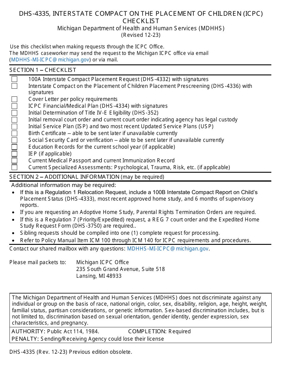 Form DHS-4335 Interstate Compact on the Placement of Children (Icpc) Checklist - Michigan, Page 1