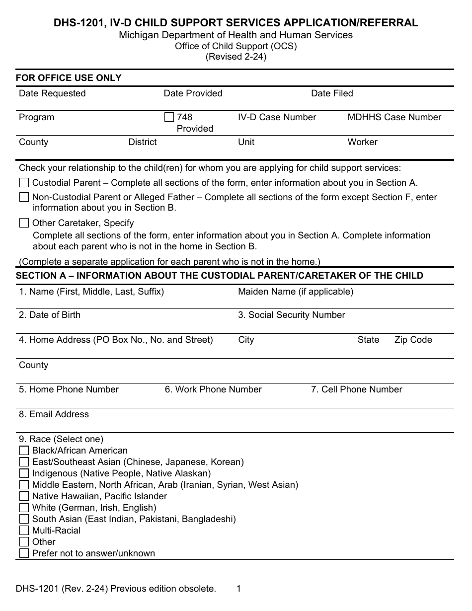 Form DHS-1201 IV-D Child Support Services Application / Referral - Michigan, Page 1