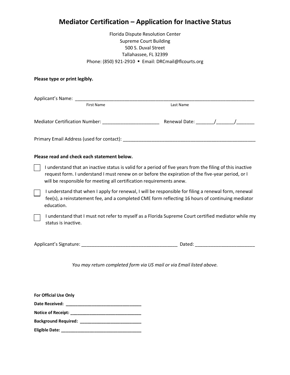 Mediator Certification - Application for Inactive Status - Florida, Page 1