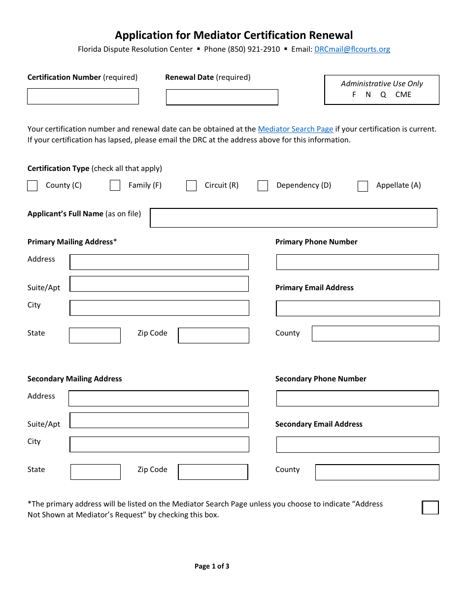 Application for Mediator Certification Renewal - Florida, Page 1