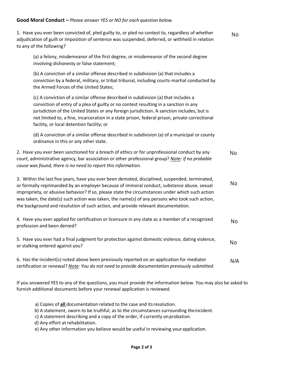 Application for Mediator Certification Renewal - Florida, Page 2