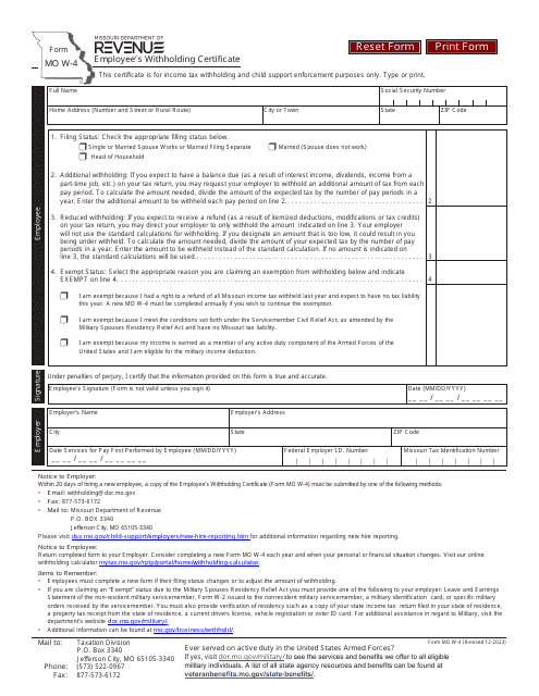 Form MO W-4 Employee's Withholding Certificate - Missouri