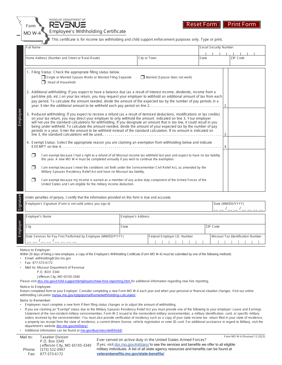 Form MO W 4 Download Fillable PDF Or Fill Online Employee s Withholding Form mo w 4 download fillable pdf or fill online employee s withholding