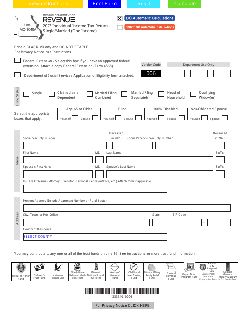 Form MO-1040A 2023 Printable Pdf