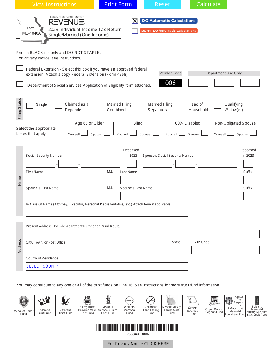 Form MO-1040A Individual Income Tax Return - Single / Married (One Income) - Missouri, Page 1