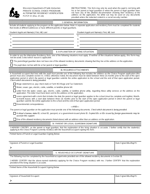 Form PI-PCP-51 Alternative Residency Verification - Private School Choice Programs - Wisconsin