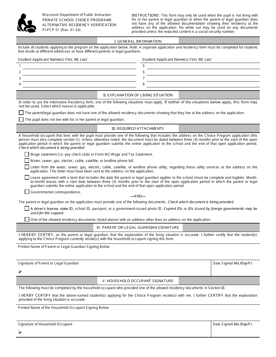 Form PI-PCP-51 Alternative Residency Verification - Private School Choice Programs - Wisconsin, Page 1