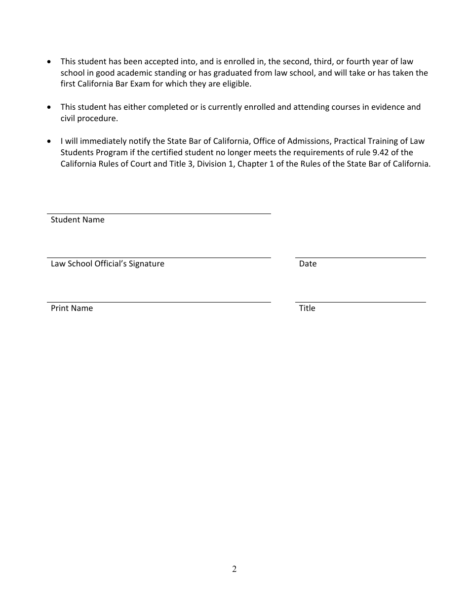 Law School Official Declaration - Practical Training of Law Students Program - California, Page 2